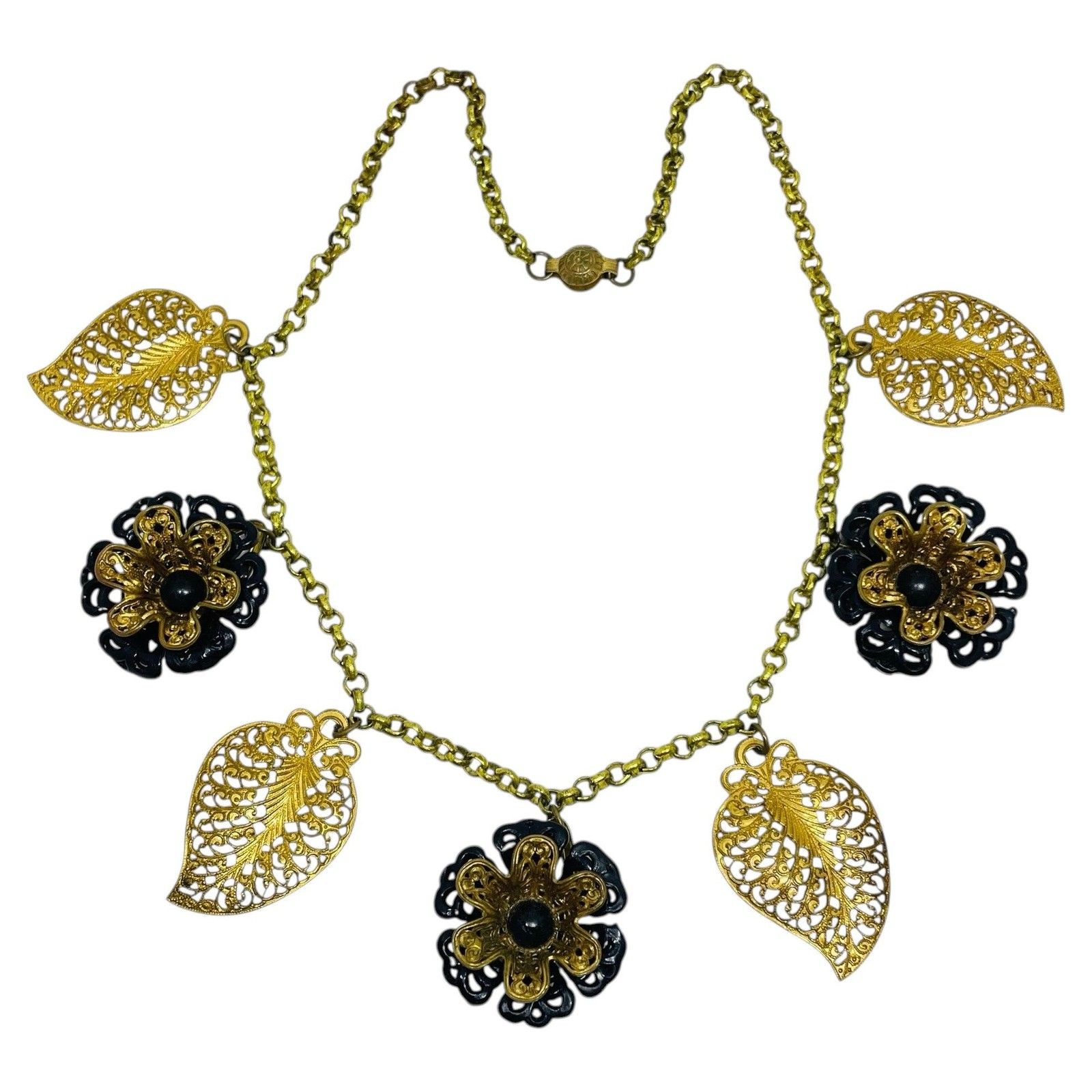 Vintage Gold Tone Black Enamel Flowers Designer Chain Necklace